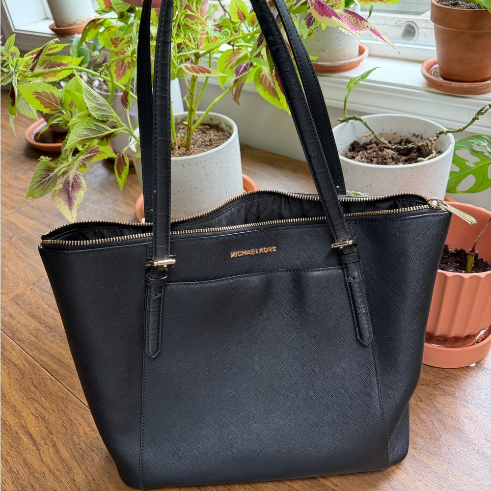 Michael Kors Black Leather Double-Handle Tote with Gold Hardware